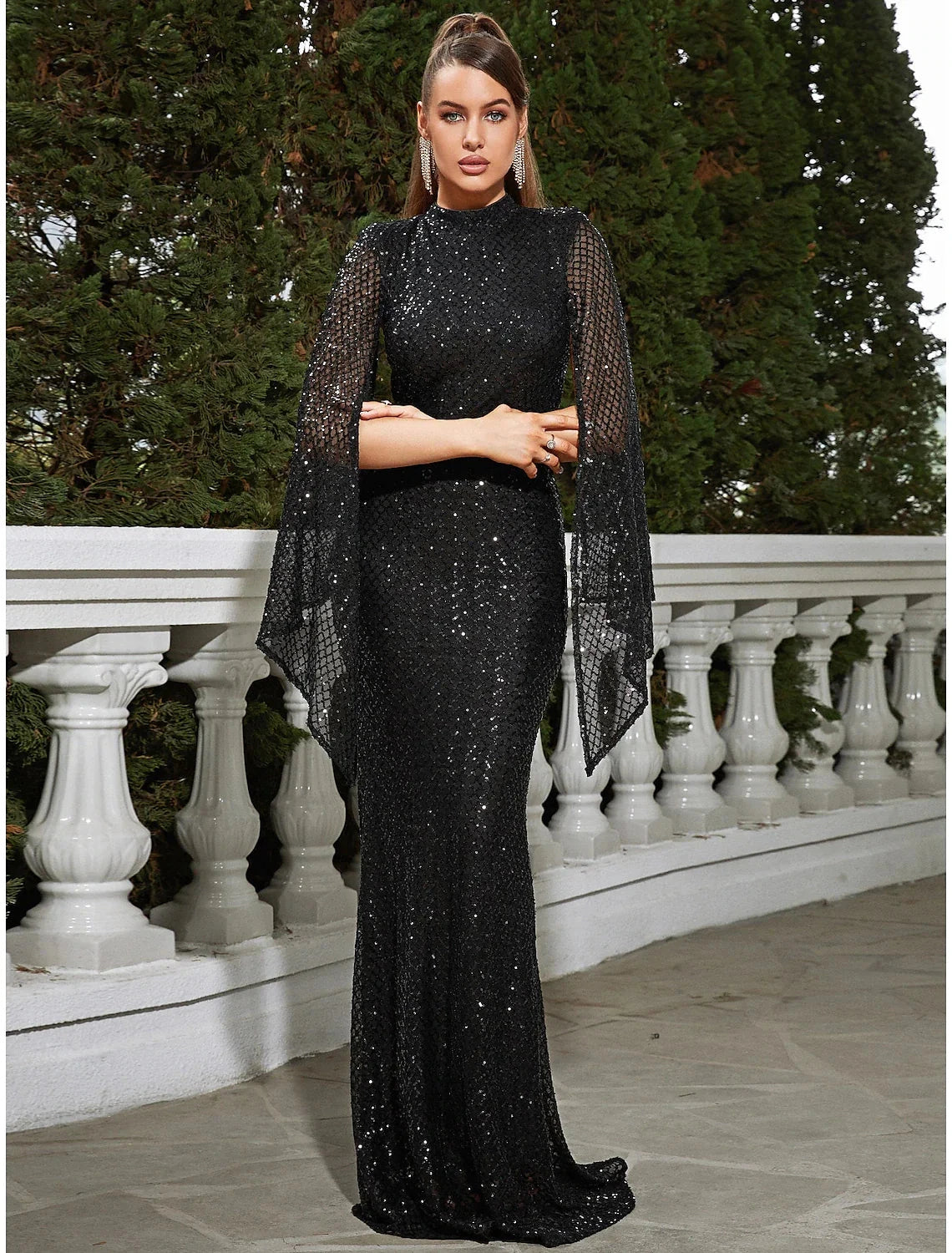 Cape Mermaid / Trumpet Evening Gown Sparkle & Shine Dress Formal Fall Floor Length Sleeveless High Neck Sequined with Glitter Pleats by YiHuiw