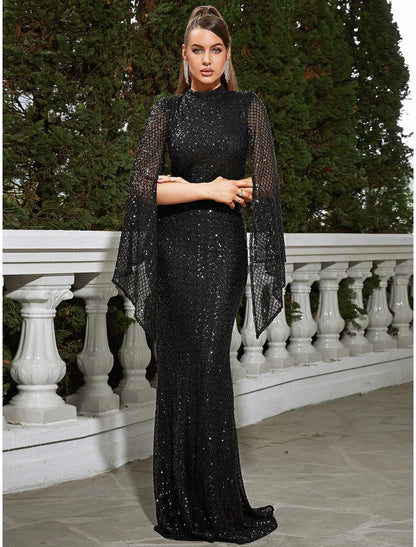 Cape Mermaid / Trumpet Evening Gown Sparkle & Shine Dress Formal Fall Floor Length Sleeveless High Neck Sequined with Glitter Pleats by YiHuiw