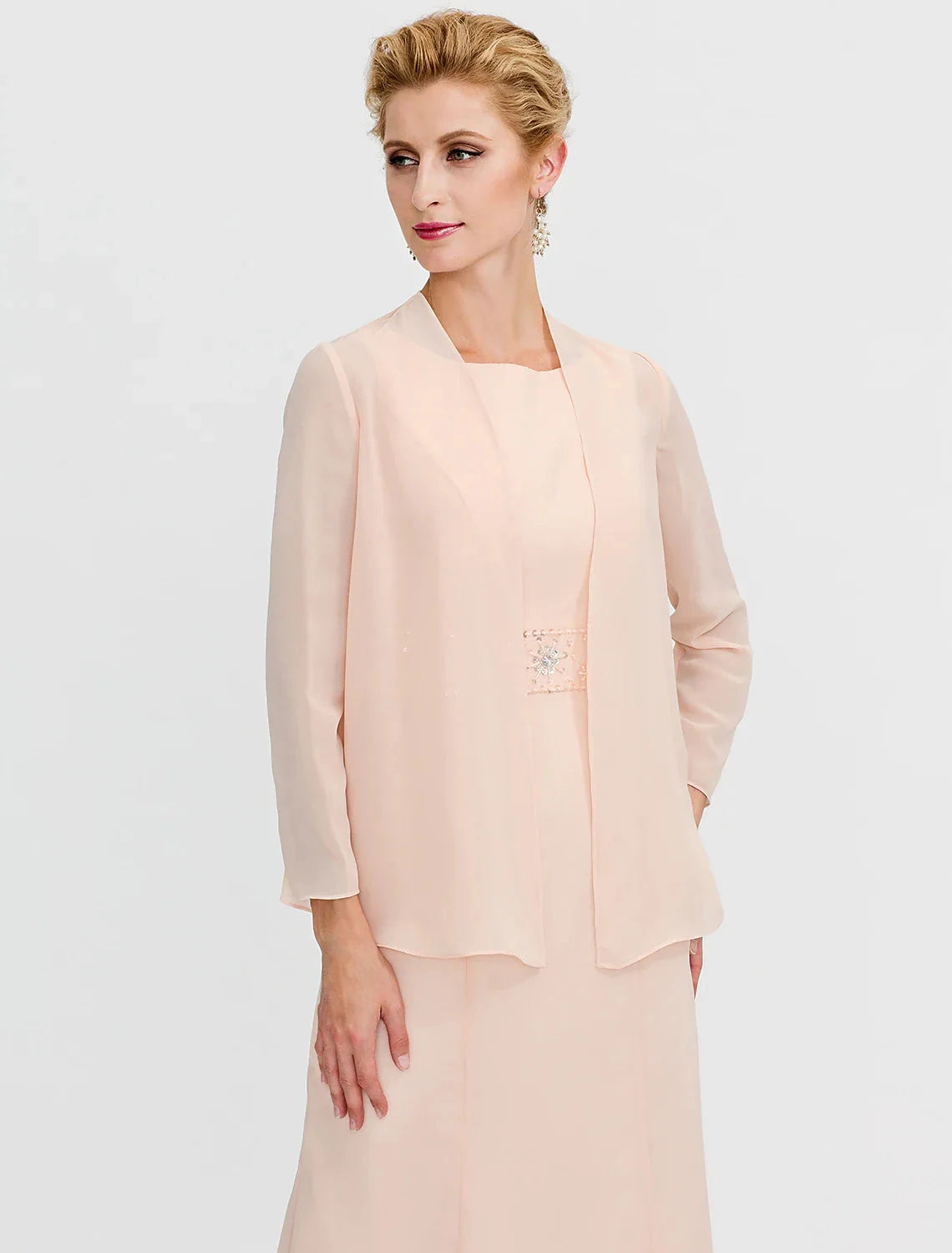 Two Piece Sheath / Column Mother of the Bride Dress Wedding Guest Plus Size Elegant with Jacket Long Sleeve Scoop Neck Tea Length Chiffon Sash / Ribbon Pleats Beading by YiHuiw