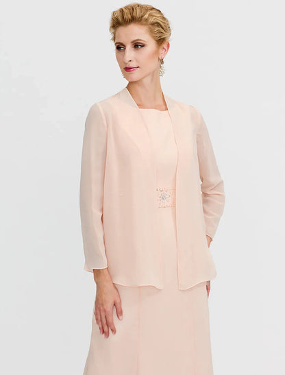 Two Piece Sheath / Column Mother of the Bride Dress Wedding Guest Plus Size Elegant with Jacket Long Sleeve Scoop Neck Tea Length Chiffon Sash / Ribbon Pleats Beading by YiHuiw
