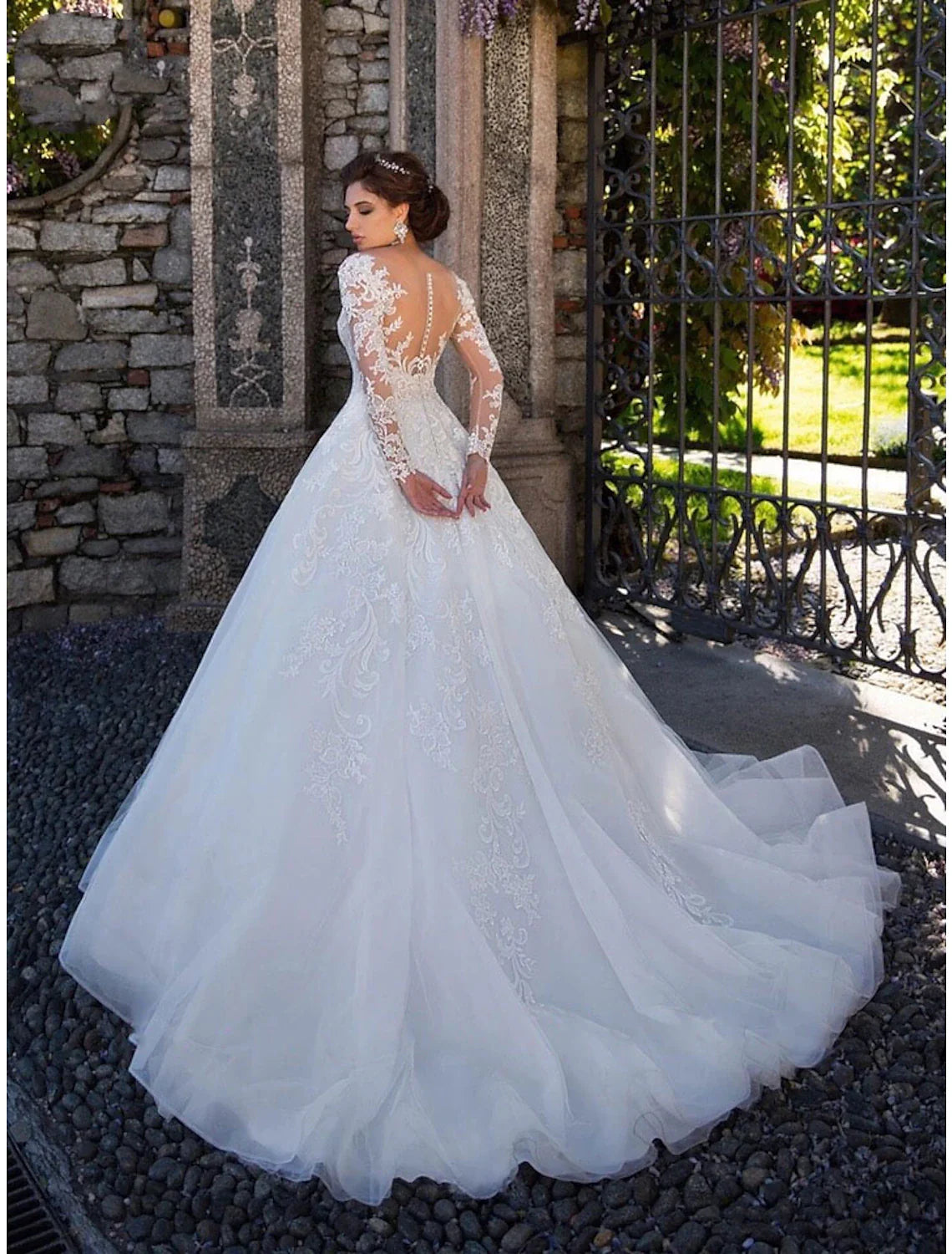 Engagement Formal Fall Wedding Dresses Ball Gown Illusion Neck Long Sleeve Court Train Lace Bridal Gowns With Lace Appliques Summer Wedding Party  Women‘s Clothing