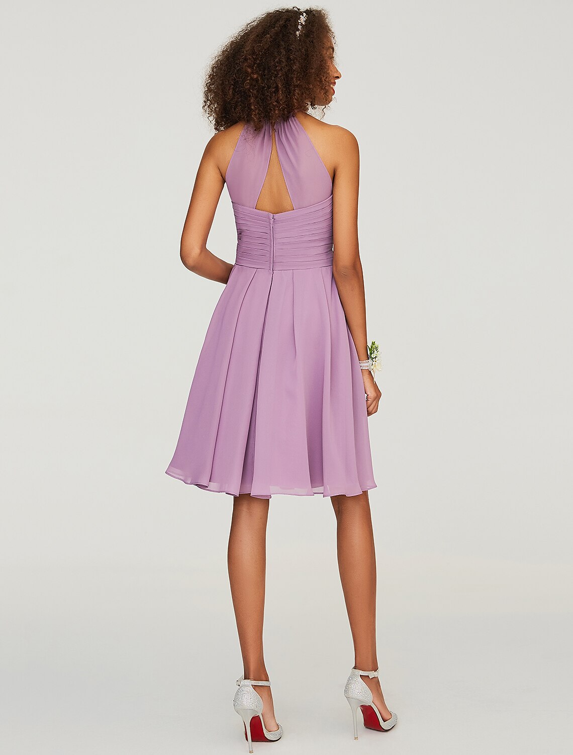 A-Line Bridesmaid Dress Halter Neck Sleeveless Keyhole Knee Length Chiffon with Ruffles by YiHuiw