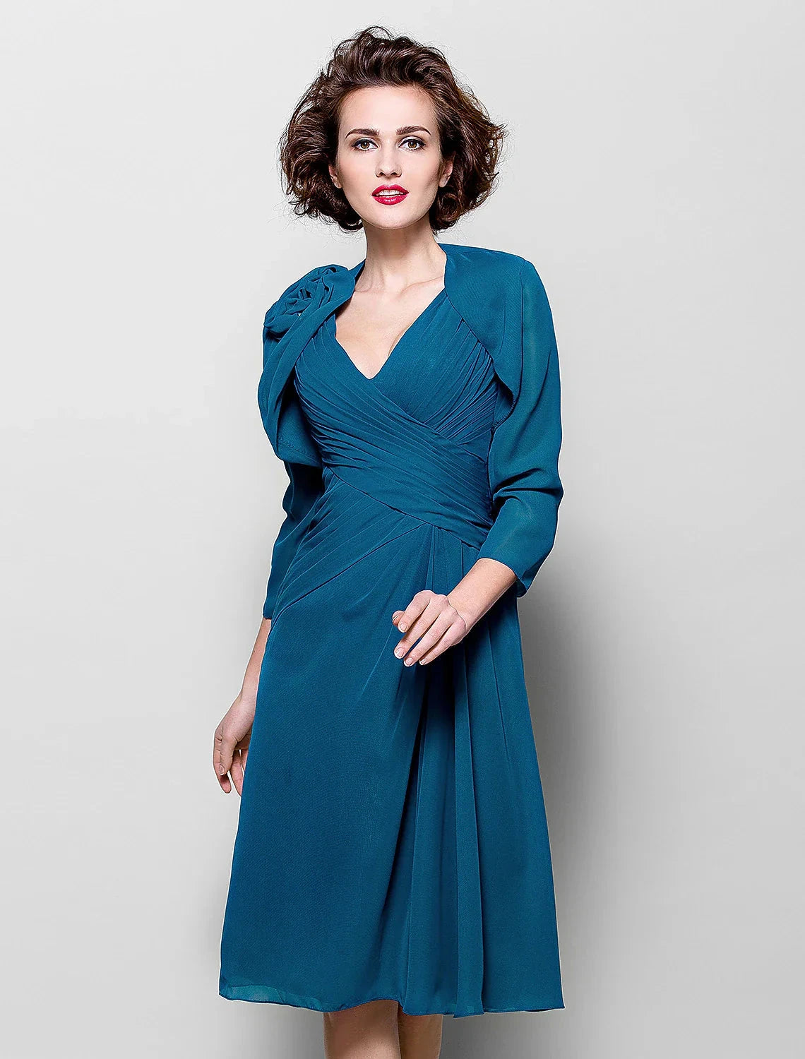 A-Line Mother of the Bride Dress Wrap Included V Neck Knee Length Chiffon 3/4 Length Sleeve with Criss Cross Side Draping Flower by YiHuiw