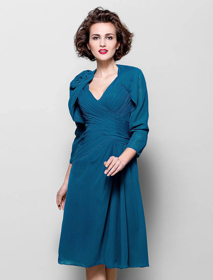 A-Line Mother of the Bride Dress Wrap Included V Neck Knee Length Chiffon 3/4 Length Sleeve with Criss Cross Side Draping Flower by YiHuiw