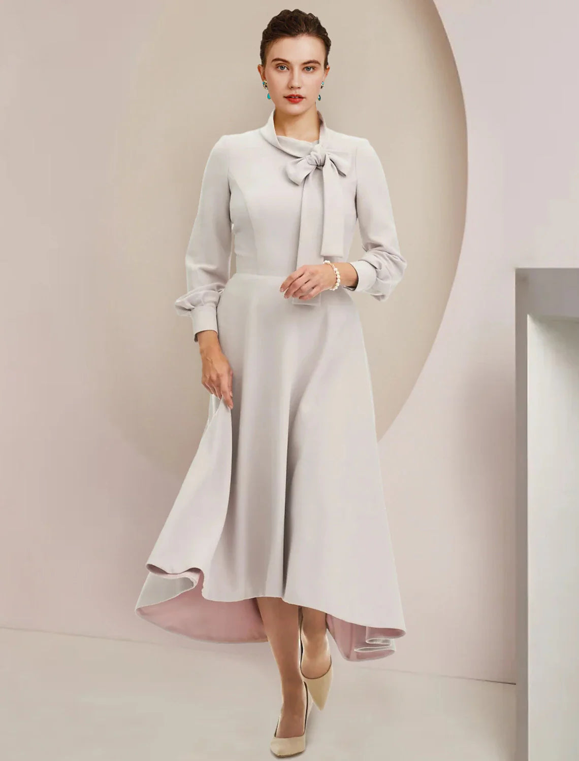 A-Line Mother of the Bride Dress Formal Wedding Guest Party Elegant High Neck Asymmetrical Tea Length  Chiffon Long Sleeve with Bow(s)