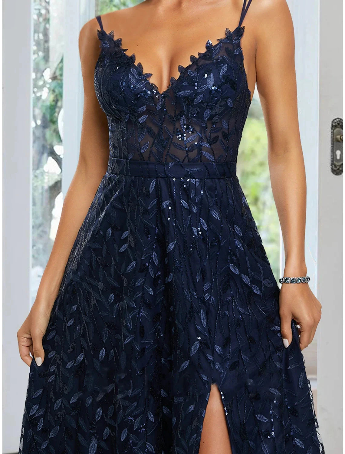 A-Line Evening Gown Floral Dress Formal Floor Length Sleeveless Spaghetti Strap Satin with Slit Appliques by YiHuiw