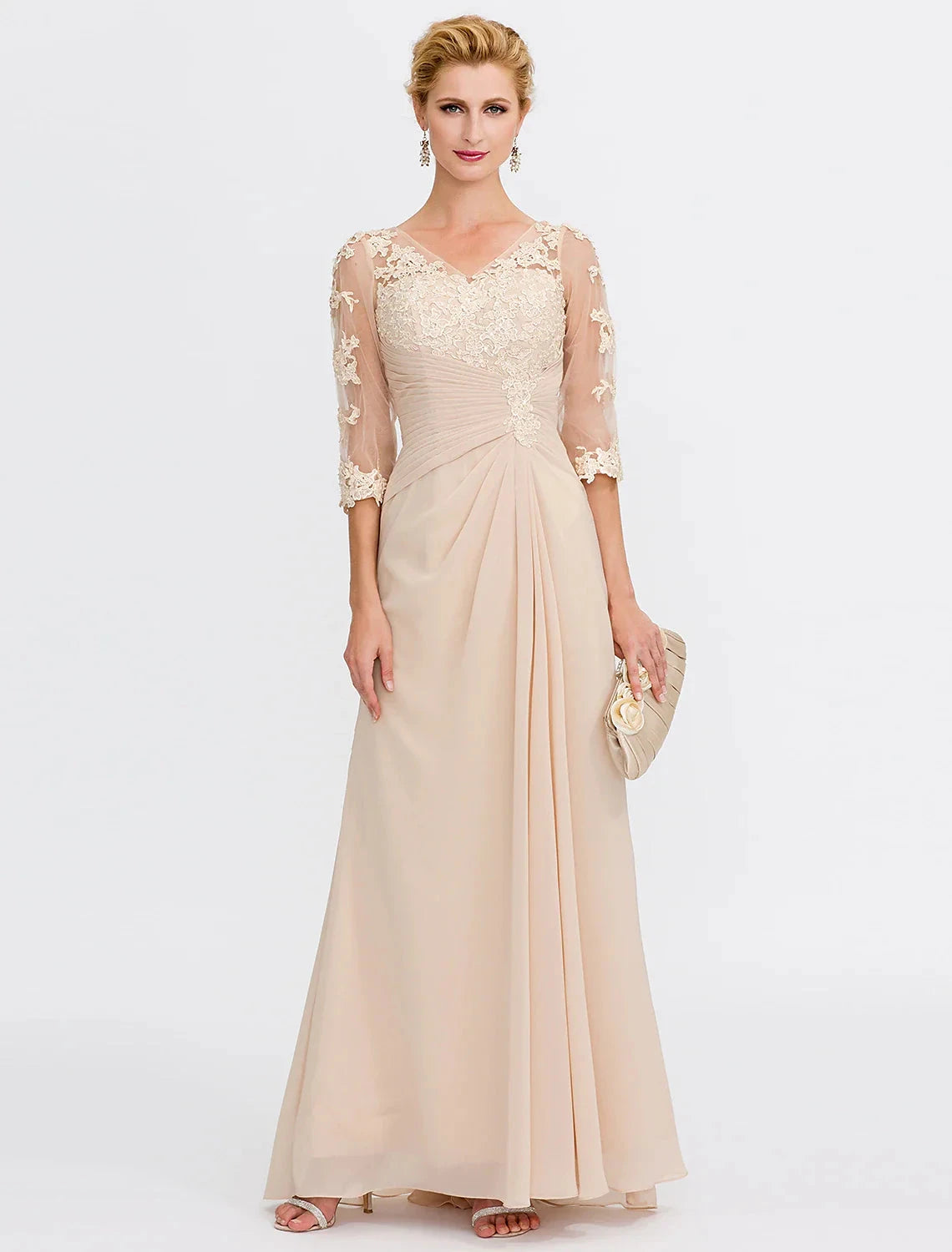 A-Line Mother of the Bride Dress Fall Wedding Guest Dresses Plus Size Elegant See Through V Neck Floor Length Chiffon Half Sleeve with Appliques Side Draping by YiHuiw