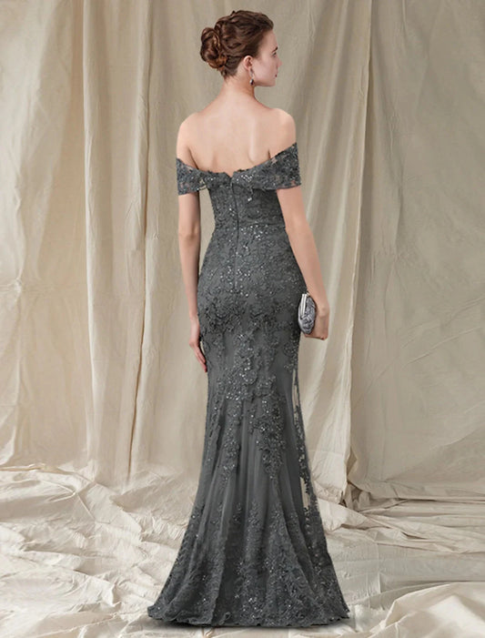 Sheath / Column Mother of the Bride Dress Elegant Off Shoulder Floor Length Lace Tulle Sequined Sleeveless with Pleats Appliques by YiHuiw