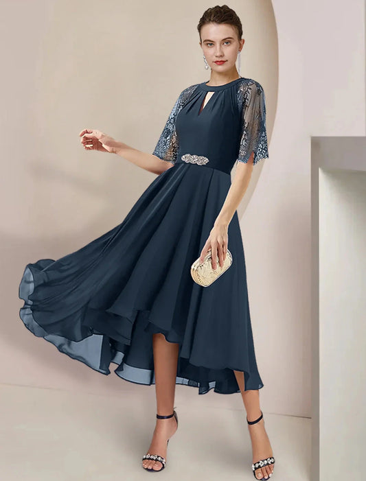 A-Line Mother of the Bride Dress Formal Wedding Guest Party Elegant High Low Scoop Neck Tea Length Chiffon Lace 3/4 Length Sleeve with Pleats Crystal Brooch by YiHuiw