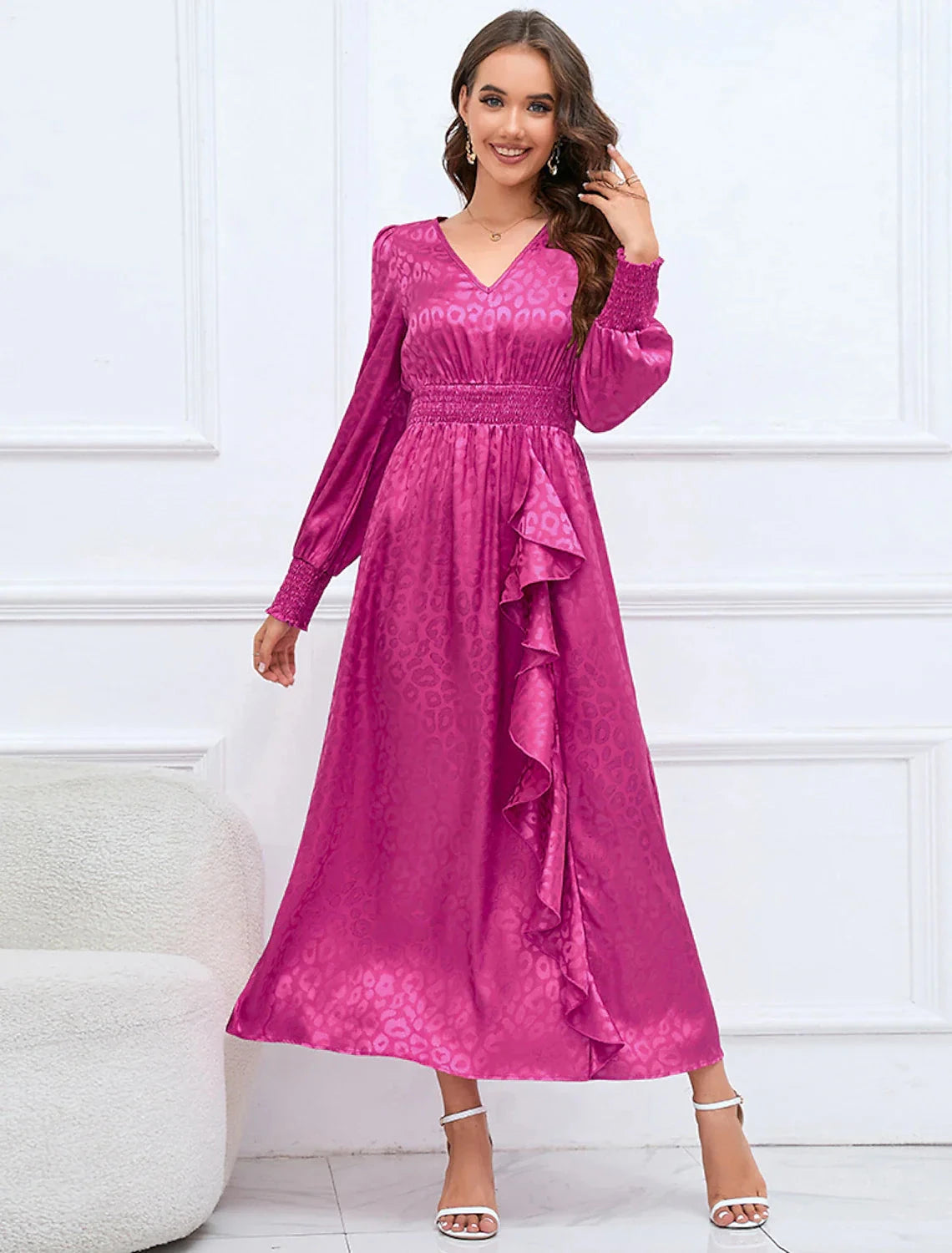 A-Line Party Dresses Elegant Dress Formal Fall Ankle Length Long Sleeve V Neck Satin with Ruffles Print by YiHuiw