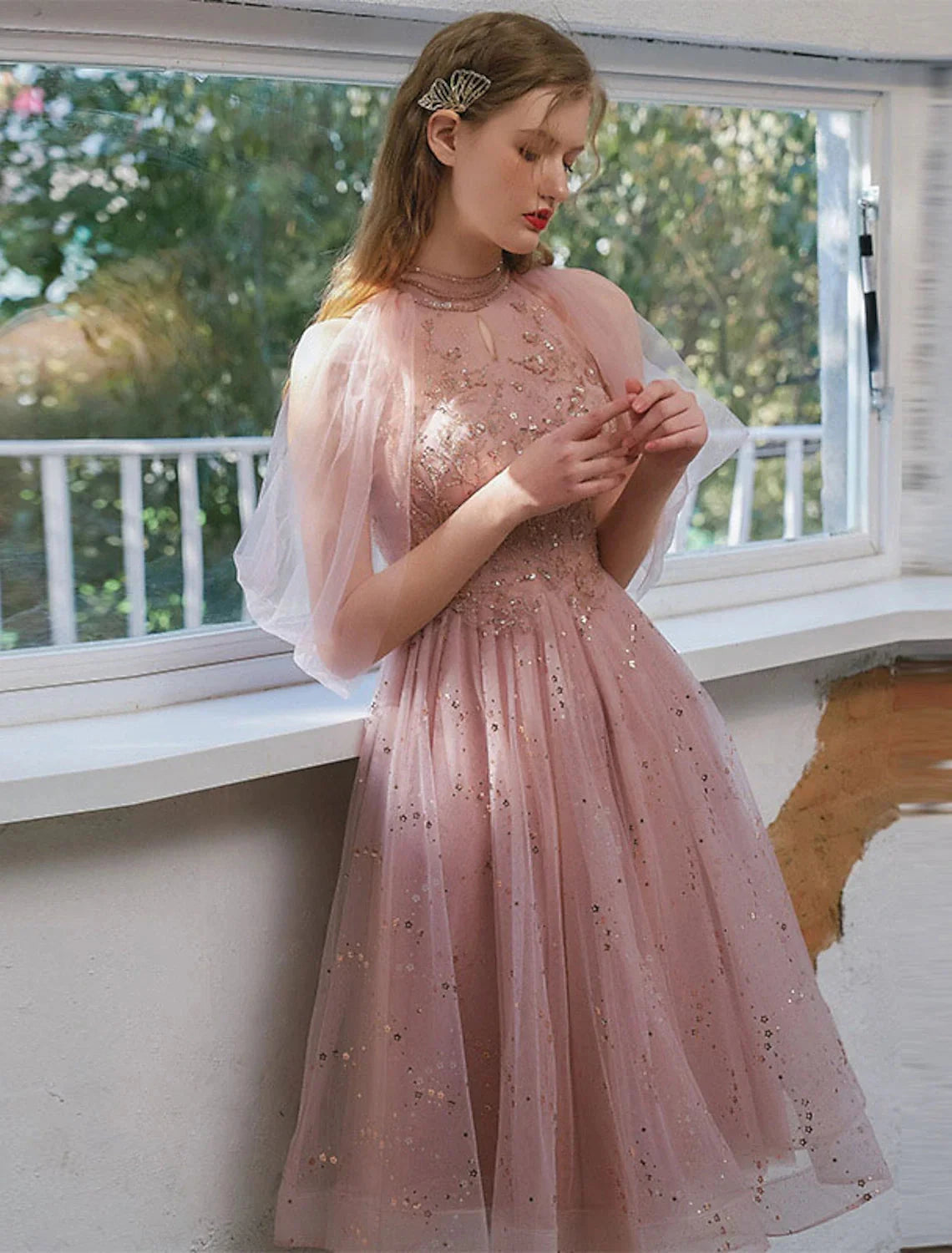 A-Line Cocktail Dresses Party Dress Graduation Engagement Knee Length 3/4 Length Sleeve Jewel Neck Tulle with Sequin Appliques by YiHuiw