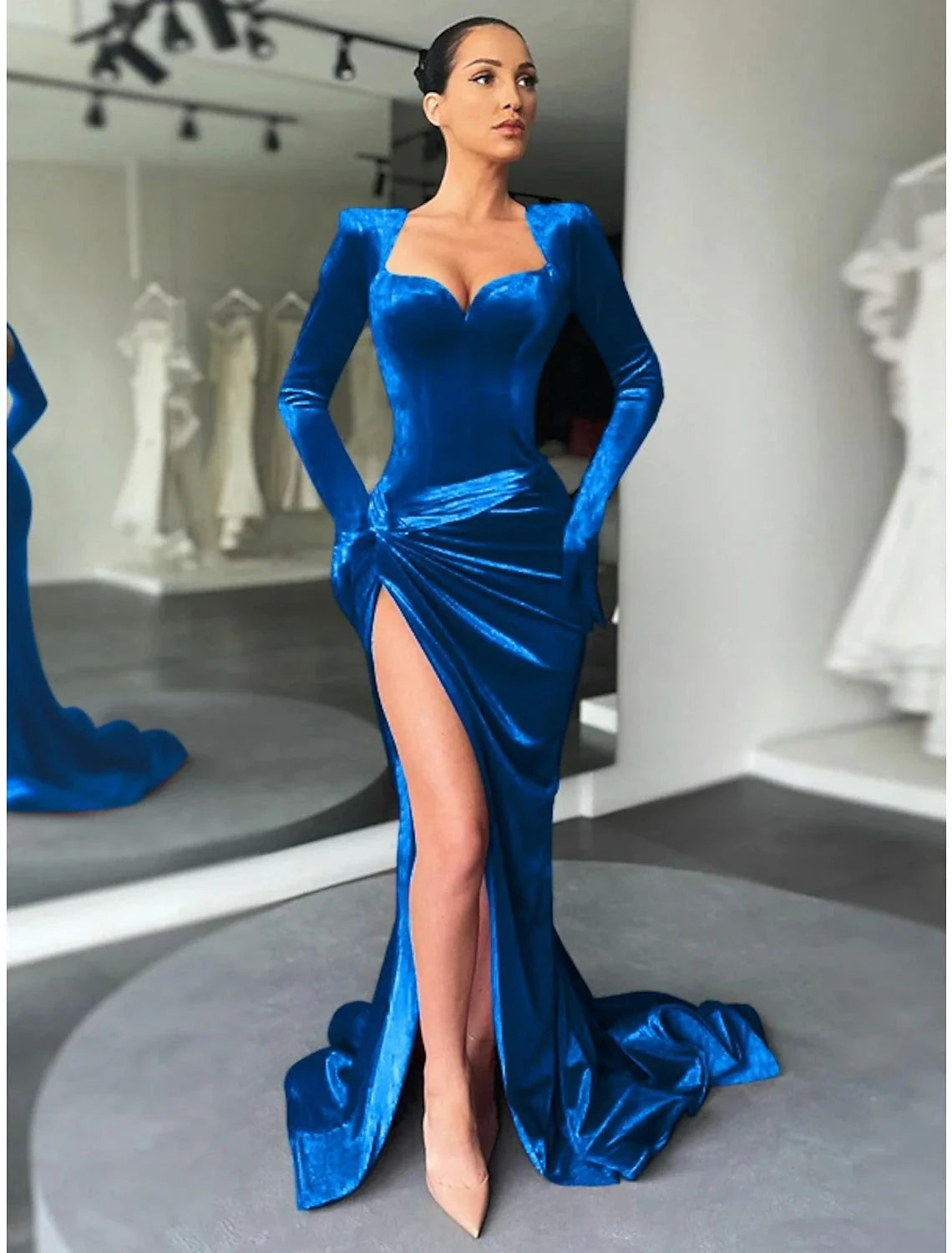 A-Line Evening Gown Party Dress Vintage Dress Formal Fall Court Train Long Sleeve Sweetheart Velvet with Ruched Slit by YiHuiw