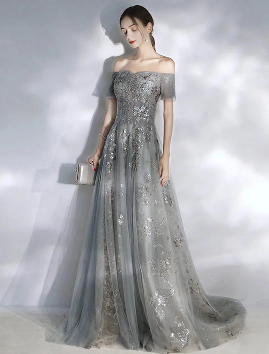 A-Line Evening Gown Glittering Dress Engagement Formal Evening Floor Length Short Sleeve Off Shoulder Spandex with Sequin Appliques by YiHuiw
