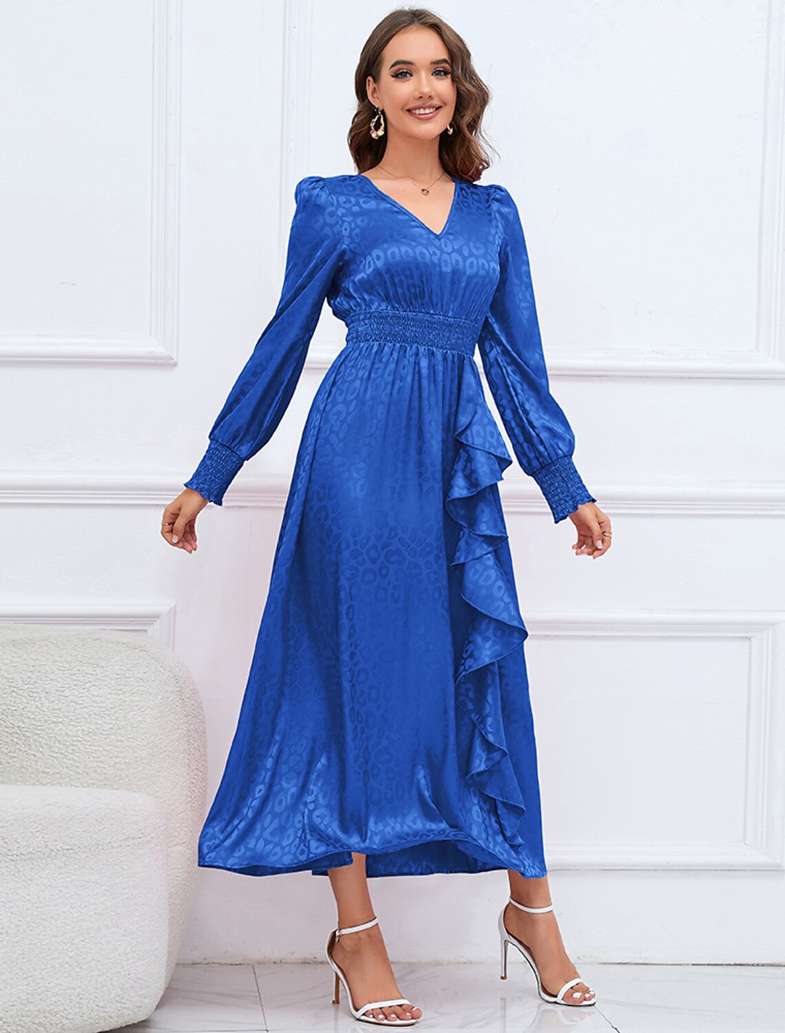 A-Line Party Dresses Elegant Dress Formal Fall Ankle Length Long Sleeve V Neck Satin with Ruffles Print by YiHuiw