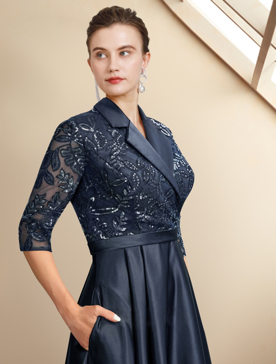 A-Line Mother of the Bride Dress Plus Size Elegant High Low Shirt Collar Asymmetrical Tea Length Satin Lace Half Sleeve with Pleats Sequin Appliques by YiHuiw