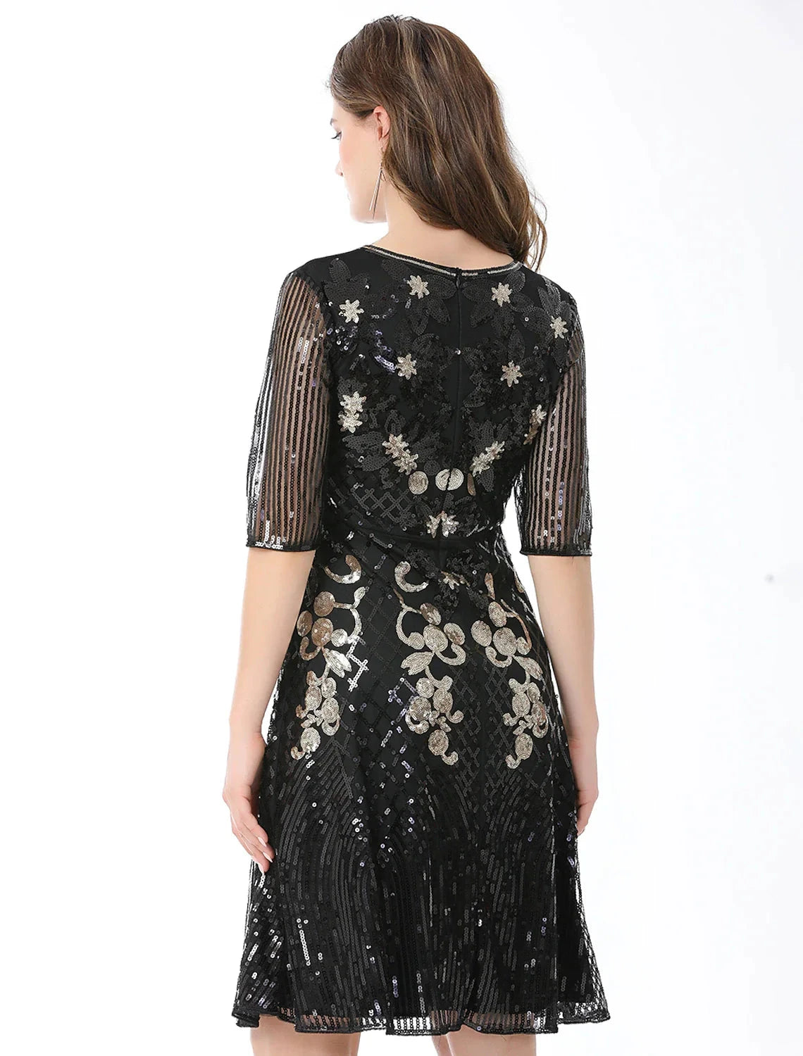 A-Line Cocktail Dresses Vintage Dress Holiday Party Wear Knee Length Half Sleeve Jewel Neck Cotton Blend with Sequin Splicing by YiHuiw