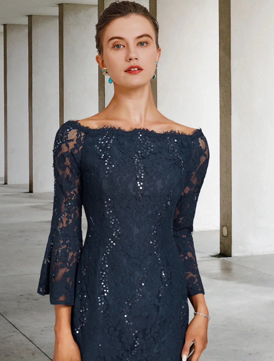 Sheath / Column Mother of the Bride Dress Wedding Guest Vintage Elegant Jewel Neck Tea Length Lace 3/4 Length Sleeve with Sequin Fall by YiHuiw