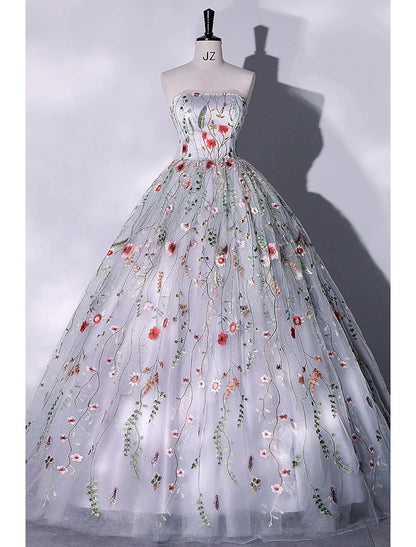 Ball Gown Evening Gown Elegant Dress Quinceanera Birthday Floor Length Sleeveless Strapless Lace with Slit Embroidery Appliques by YiHuiw
