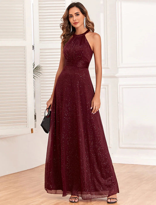 A-Line Evening Gown Empire Dress Evening Party Dress Wedding Reception Floor Length Sleeveless Halter Neck Polyester Backless V Back with Glitter by YiHuiw