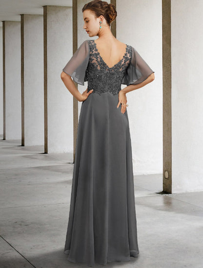 A-Line Mother of the Bride Dress Luxurious Elegant V Neck Floor Length Chiffon Lace Short Sleeve with Beading Appliques by YiHuiw
