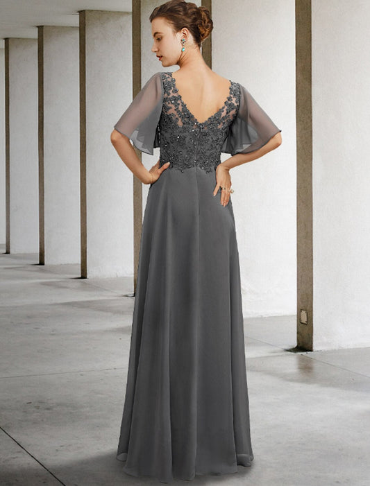 A-Line Mother of the Bride Dress Luxurious Elegant V Neck Floor Length Chiffon Lace Short Sleeve with Beading Appliques by YiHuiw