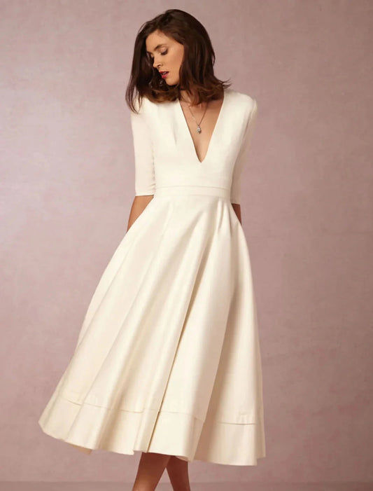 A-Line Special Occasion Dresses Party Dress Holiday Wedding Guest Tea Length Half Sleeve V Neck Pocket Jersey with Pleats White & Ivory ship in 48 hours by YiHuiw