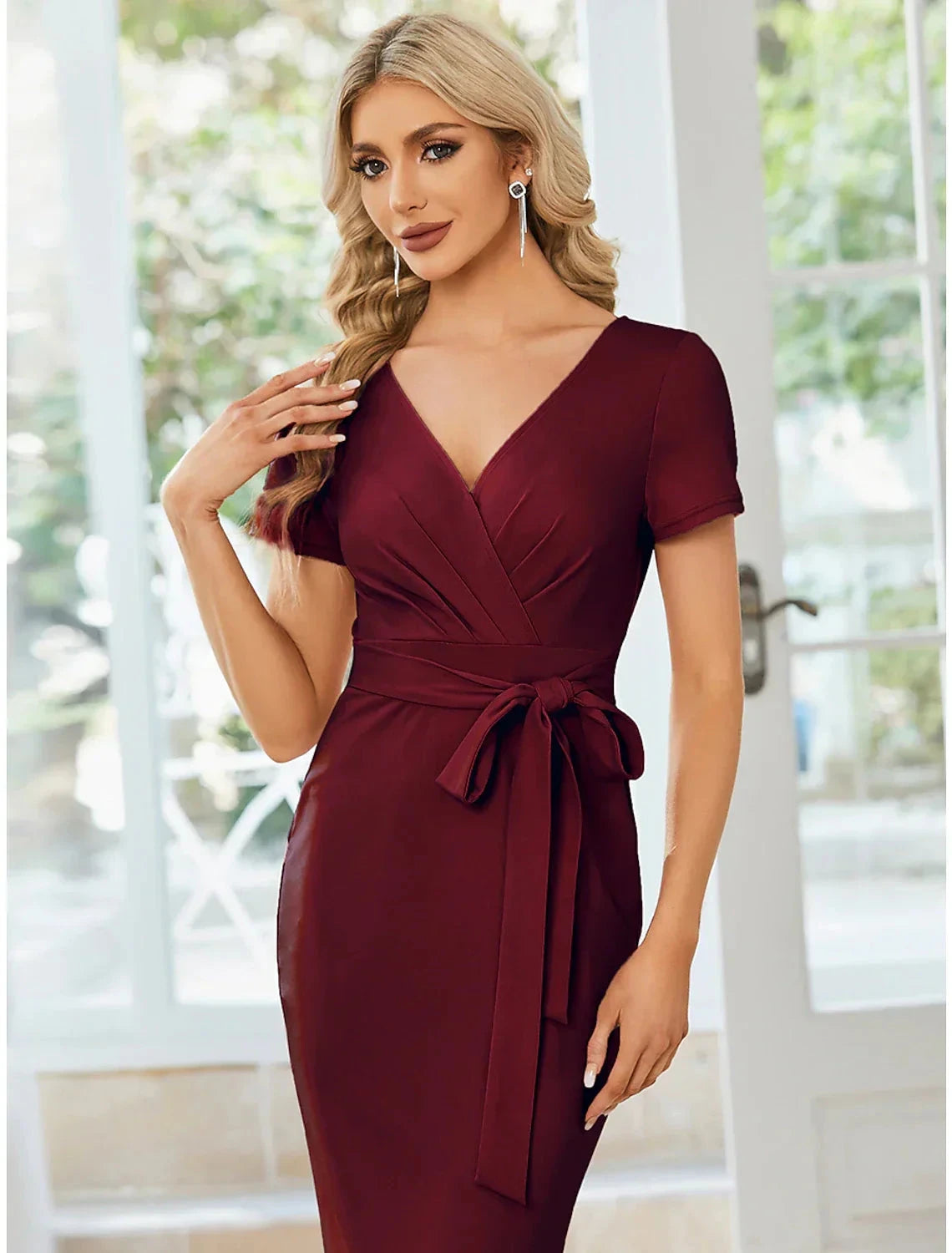 Sheath / Column Wedding Guest Dresses Minimalist Dress Party Wear Tea Length Short Sleeve V Neck Fabric with Slit Strappy by YiHuiw