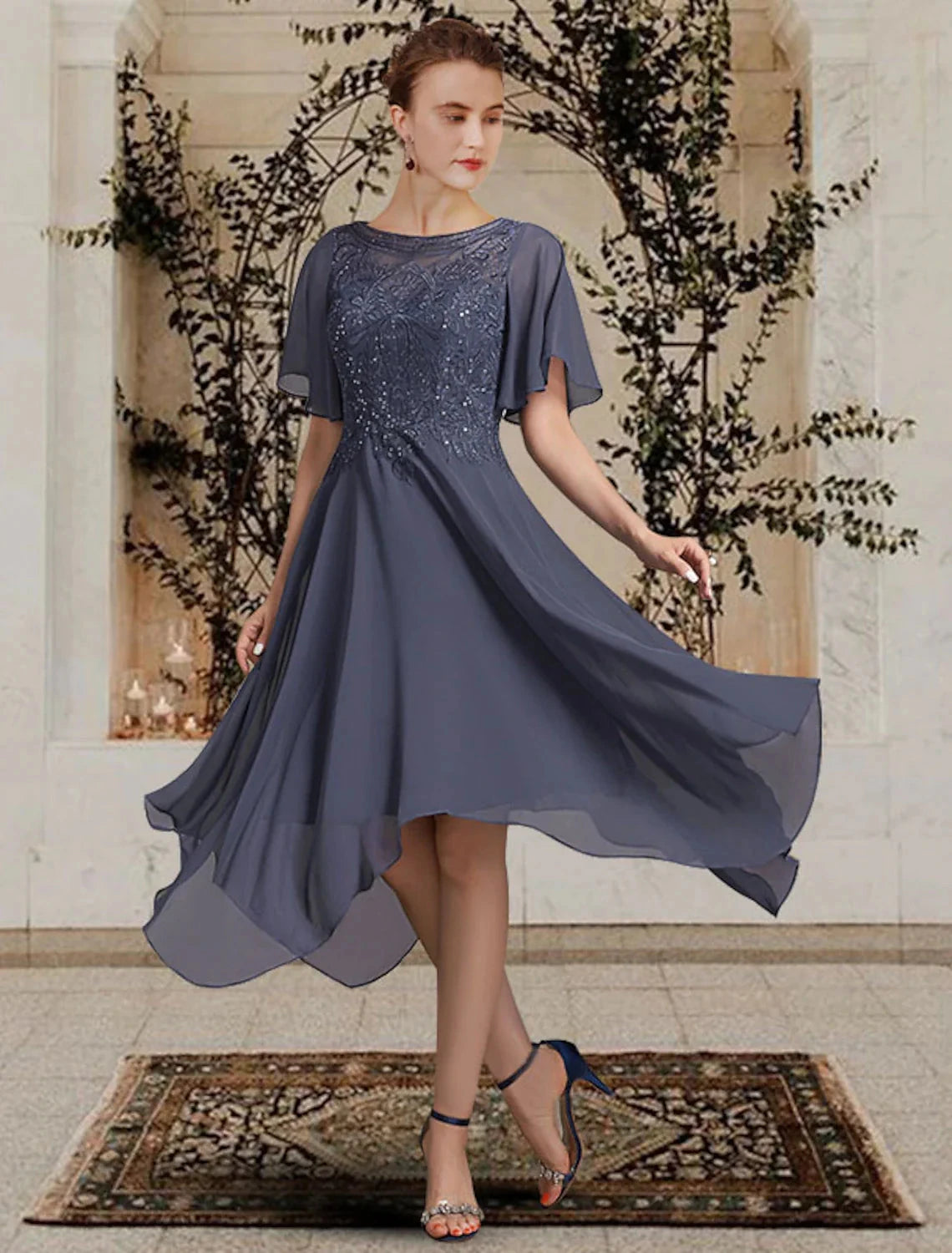 A-Line Mother of the Bride Dress Elegant High Low Jewel Neck Asymmetrical Tea Length Chiffon Lace Short Sleeve with Appliques by YiHuiw