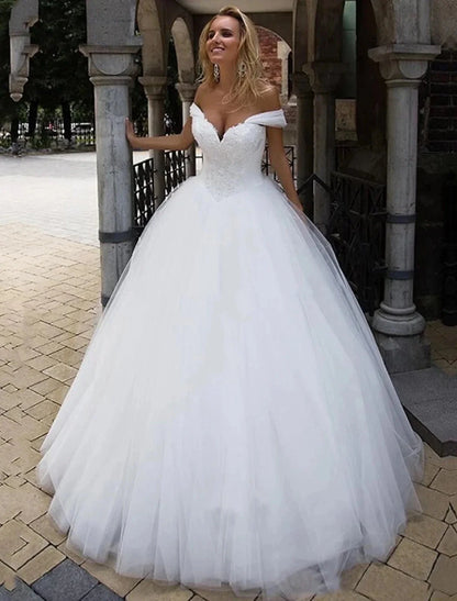 Wedding Dresses Ball Gown Off Shoulder Cap Sleeve Chapel Train Tulle Bridal Gowns With Summer Wedding Party, Women's Clothing by YiHuiw