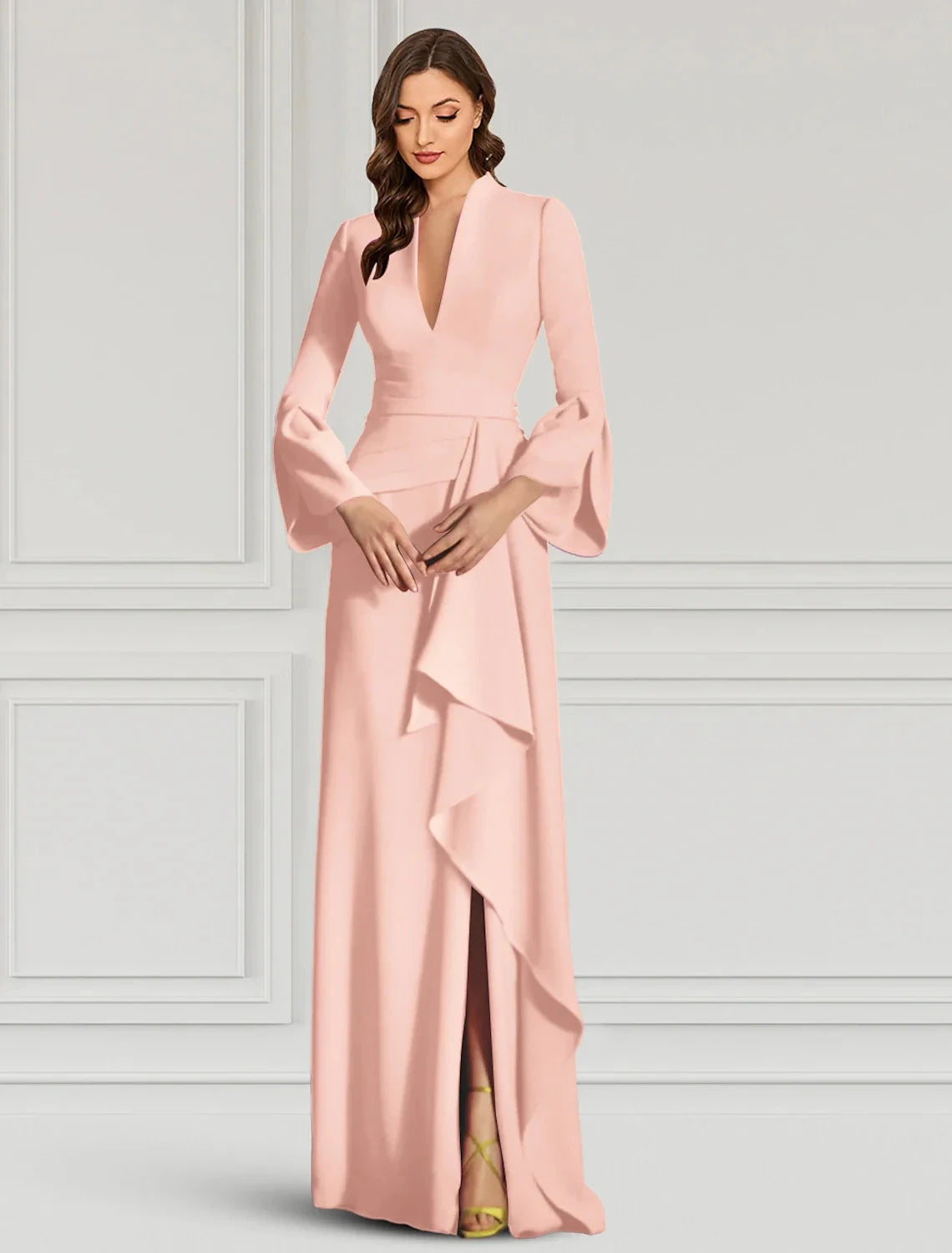 Sheath / Column Evening Gown Elegant Dress Formal Cocktail Party Dress Floor Length Long Sleeve V Neck Fall Wedding Guest Fabric with Ruffles by YiHuiw
