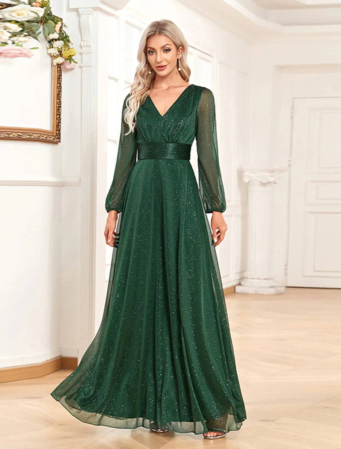 A-Line Evening Gown Sparkle & Shine Dress Formal Wedding Party Dress Floor Length Long Sleeve V Neck Chiffon with Sequin by YiHuiw