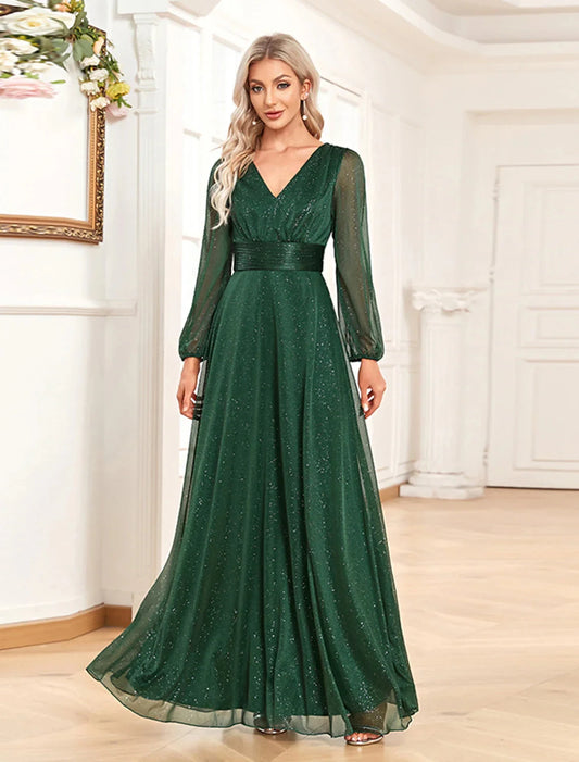 A-Line Evening Gown Sparkle & Shine Dress Formal Wedding Party Dress Floor Length Long Sleeve V Neck Chiffon with Sequin by YiHuiw