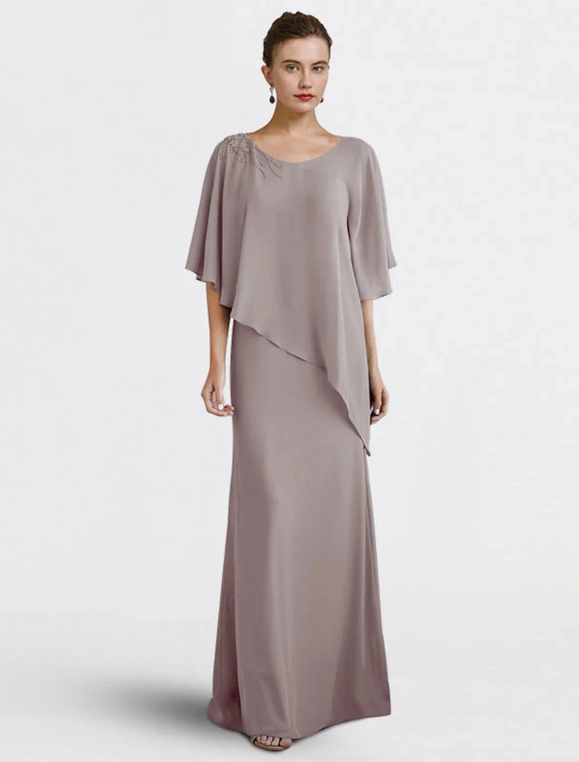 Sheath / Column Mother of the Bride Dress Wedding Guest Plus Size Elegant V Neck Floor Length Chiffon Half Sleeve with Beading Fall by YiHuiw