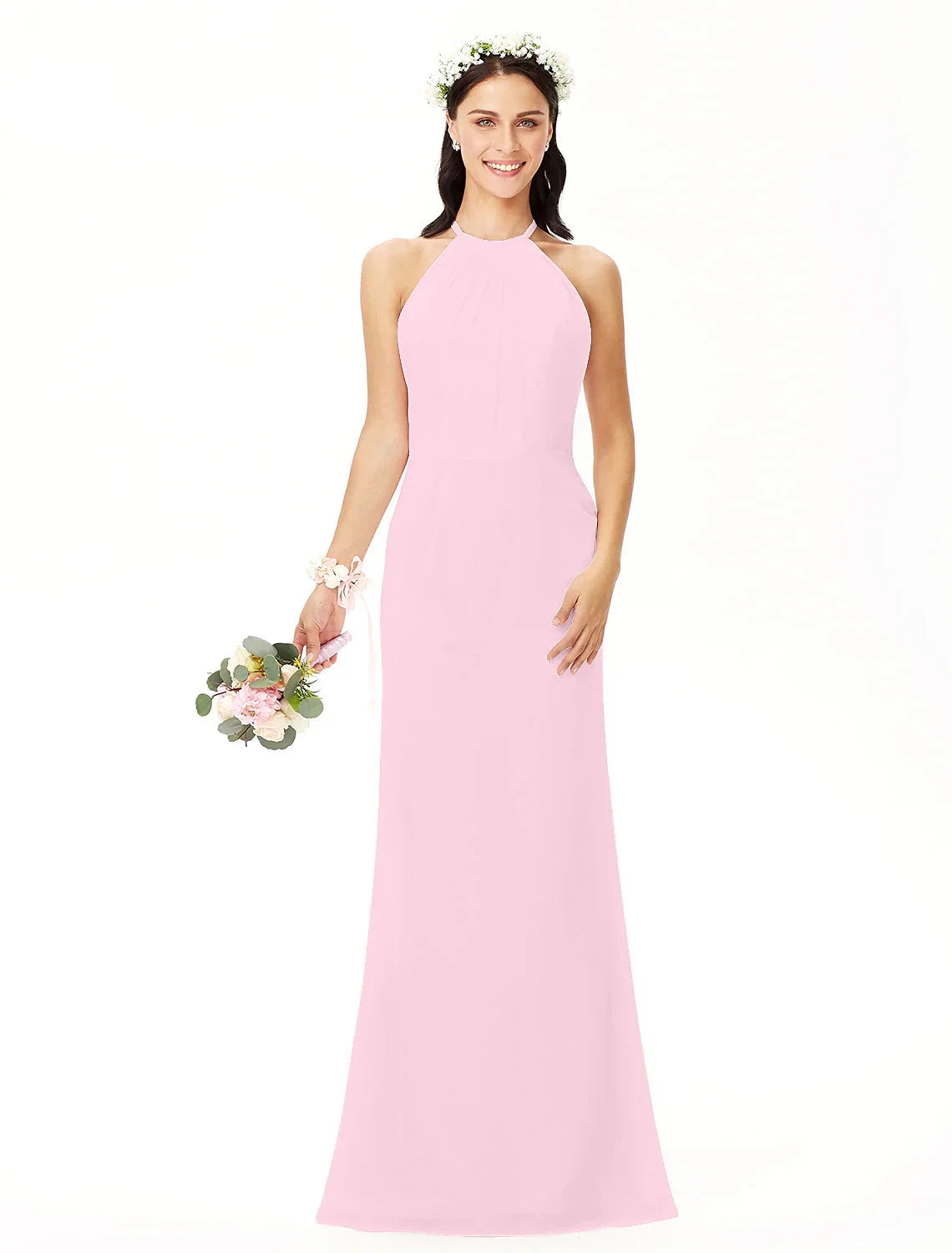 Sheath / Column Bridesmaid Dress Jewel Neck Sleeveless Elegant Floor Length Chiffon with Pleats by YiHuiw