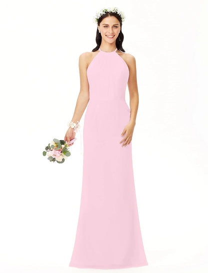 Sheath / Column Bridesmaid Dress Jewel Neck Sleeveless Elegant Floor Length Chiffon with Pleats by YiHuiw
