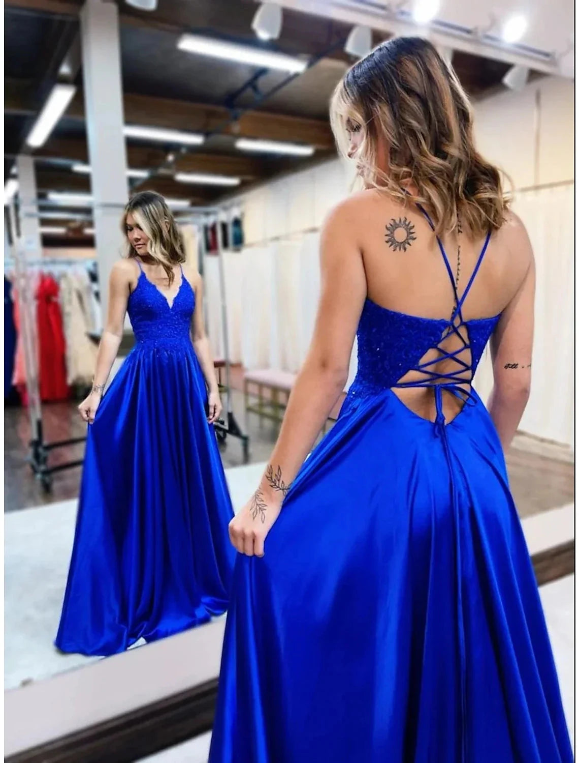 A-Line Prom Dresses Empire Dress Formal Court Train Sleeveless V Neck Satin Backless with Beading Appliques by YiHuiw