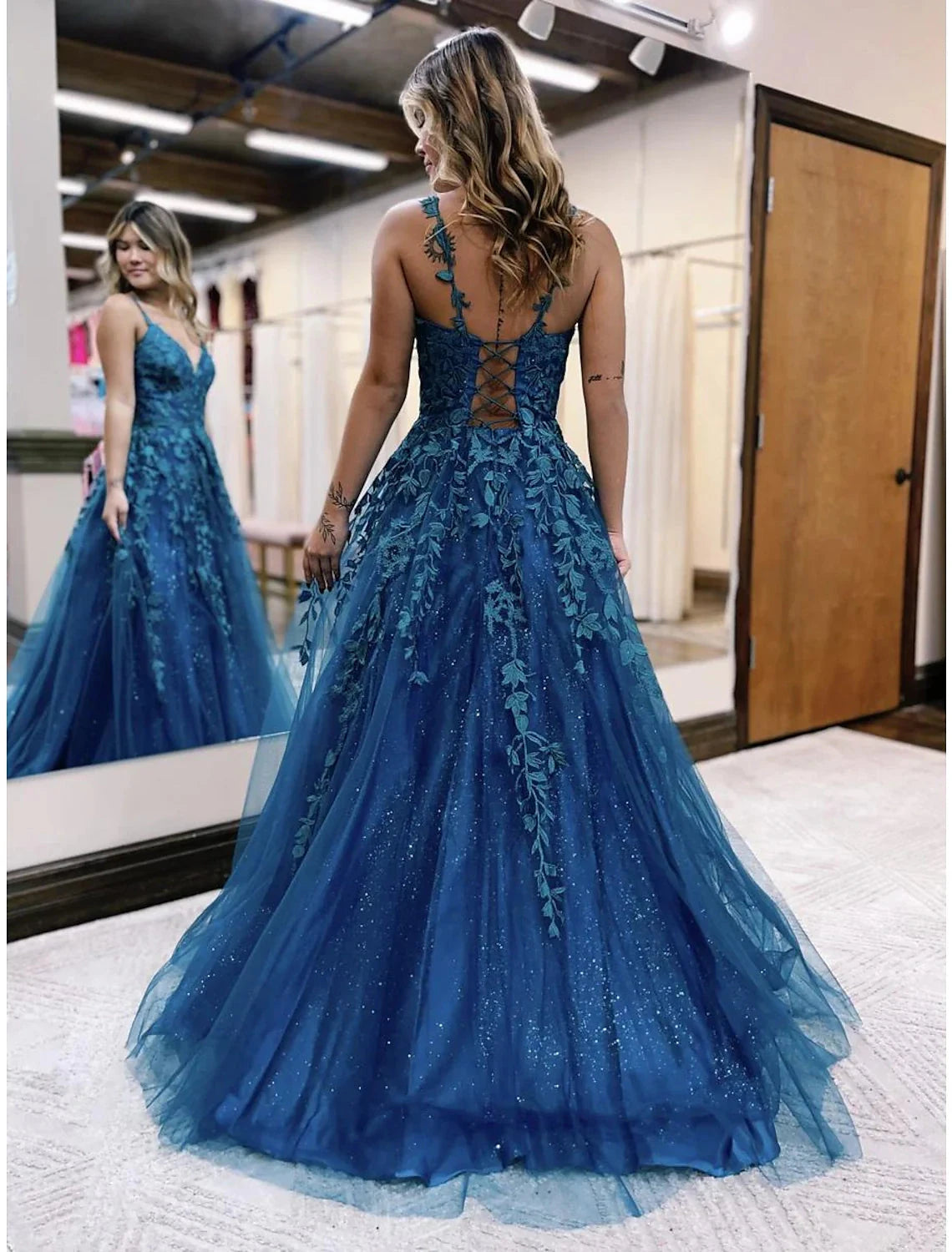 Ball Gown A-Line Prom Dresses Sparkle & Shine Dress Formal Wedding Party Dress Floor Length Sleeveless V Neck Tulle Backless with Glitter Appliques by YiHuiw