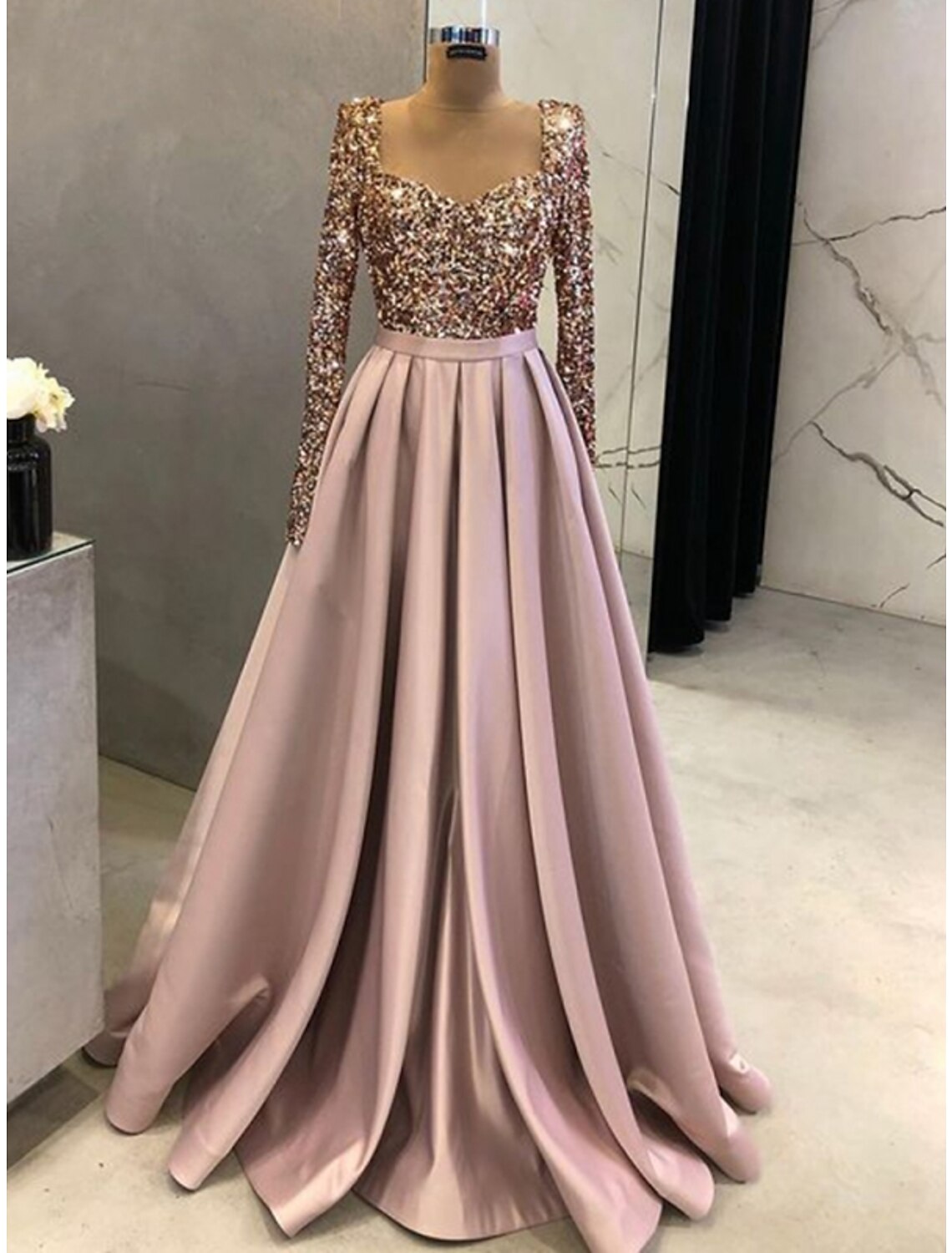 A-Line Evening Gown Sparkle & Shine Dress Formal Fall Sweep / Brush Train Long Sleeve Square Neck Satin with Glitter Pleats by YiHuiw