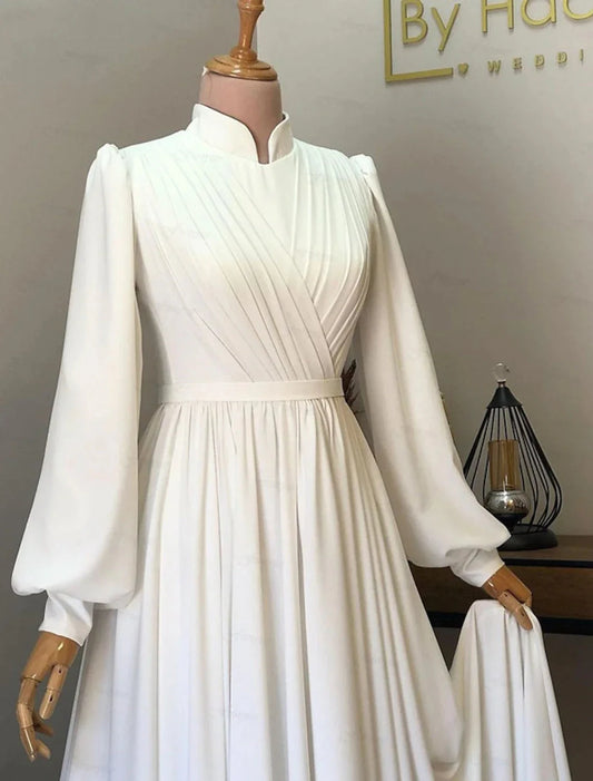 Hall Vintage 1940s / 1950s Casual Wedding Dresses A-Line High Neck Long Sleeve Court Train Chiffon Bridal Gowns With Pleats Solid Color by YiHuiw