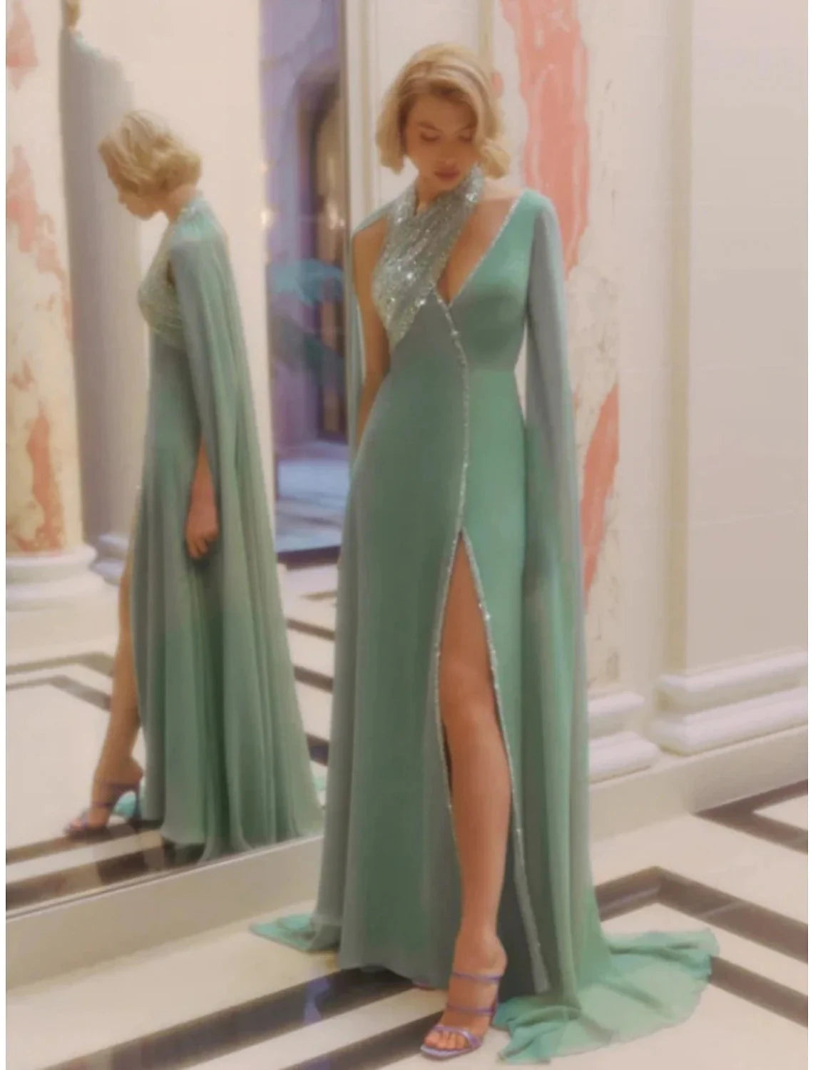 A-Line Evening Gown Elegant Dress Formal Court Train Sleeveless V Neck Sequined with Glitter Pleats Slit by YiHuiw