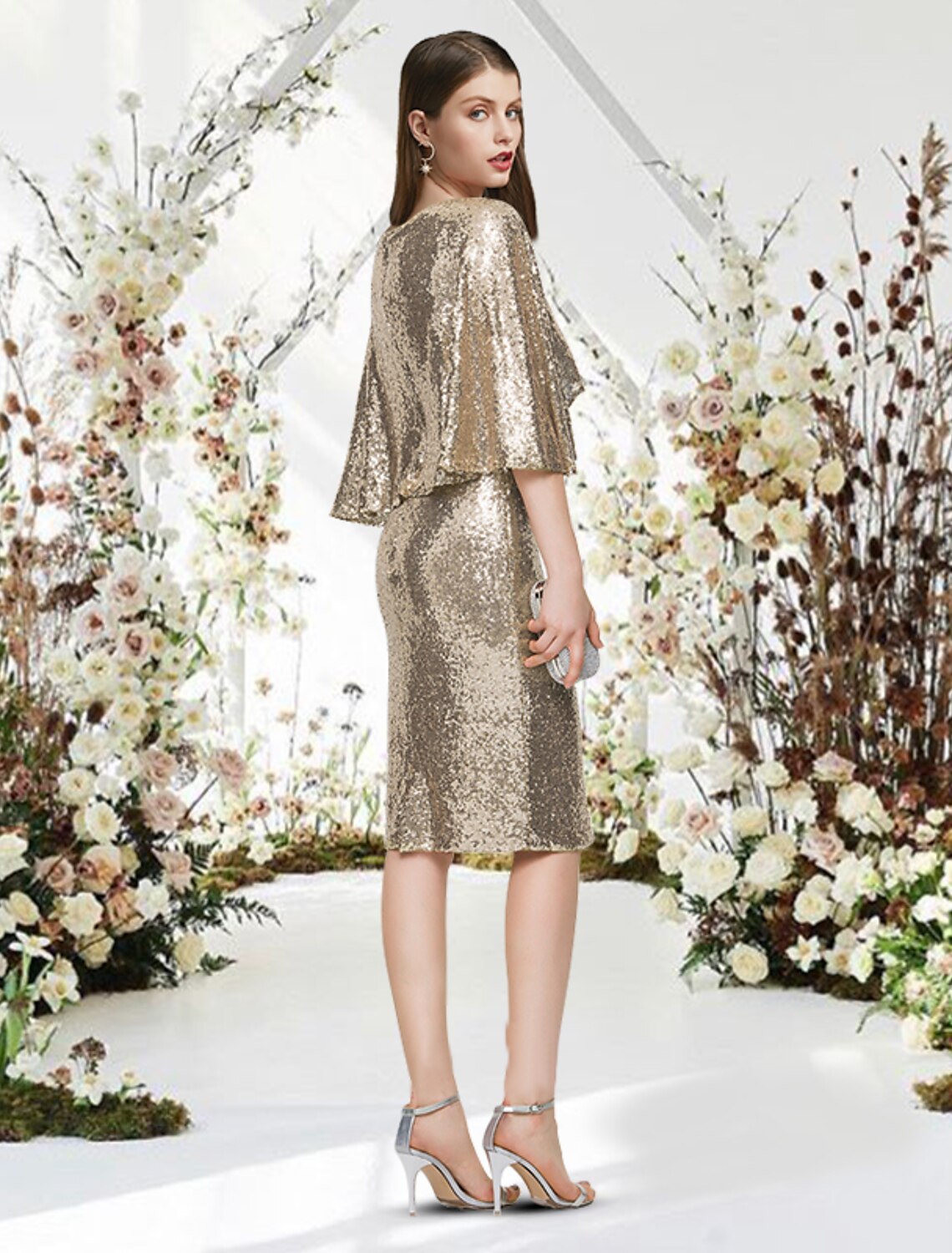 Sheath / Column Cocktail Dresses Glittering Dress Graduation Cocktail Party Knee Length Half Sleeve V Neck Sequined with Sleek by YiHuiw