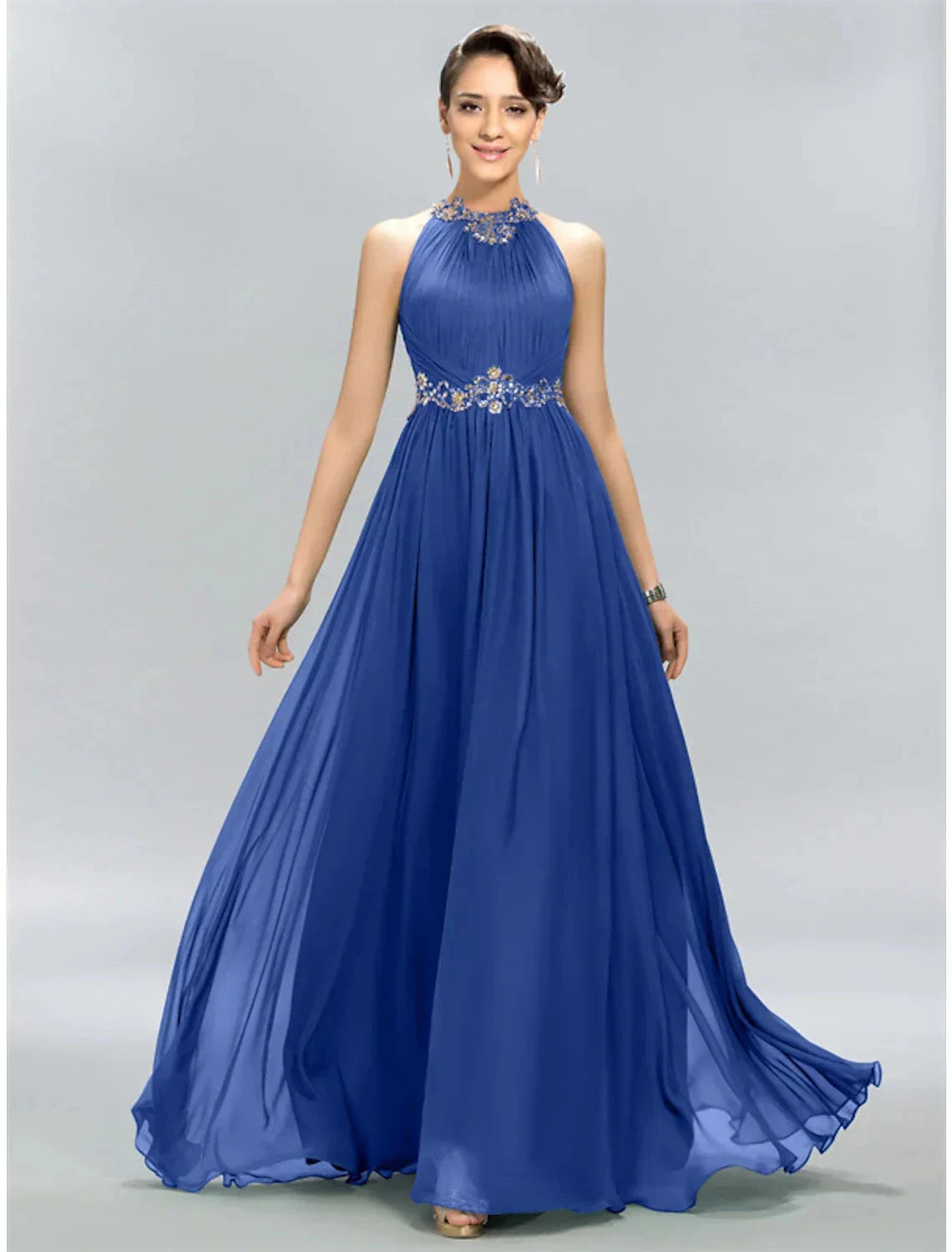 A-Line Wedding Guest Dresses Maxi Dress Party Wear Floor Length Sleeveless Halter Chiffon with Ruched Appliques by YiHuiw