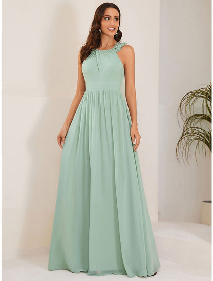 A-Line Wedding Guest Dresses Open Back Dress Formal Black Tie Floor Length Sleeveless Jewel Neck Bridesmaid Dress Chiffon with Pleats Shouder Flower by YiHuiw