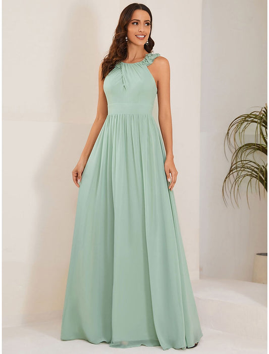 A-Line Wedding Guest Dresses Open Back Dress Formal Black Tie Floor Length Sleeveless Jewel Neck Bridesmaid Dress Chiffon with Pleats Shouder Flower by YiHuiw