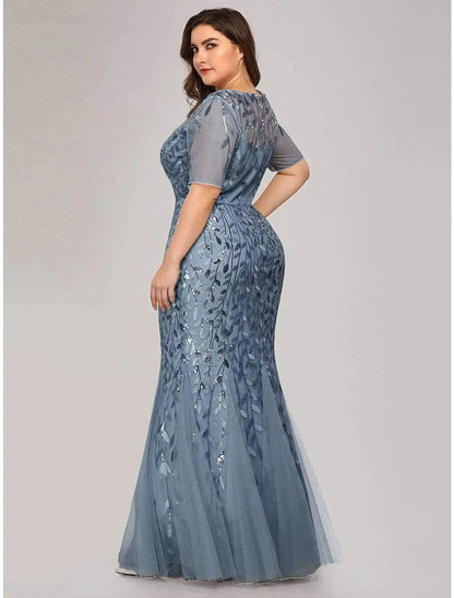Mermaid / Trumpet Empire Elegant Party Wear Formal Evening Dress Jewel Neck Short Sleeve Floor Length Tulle with Embroidery by YiHuiw