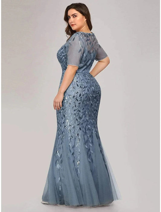 Mermaid / Trumpet Empire Elegant Party Wear Formal Evening Dress Jewel Neck Short Sleeve Floor Length Tulle with Embroidery by YiHuiw