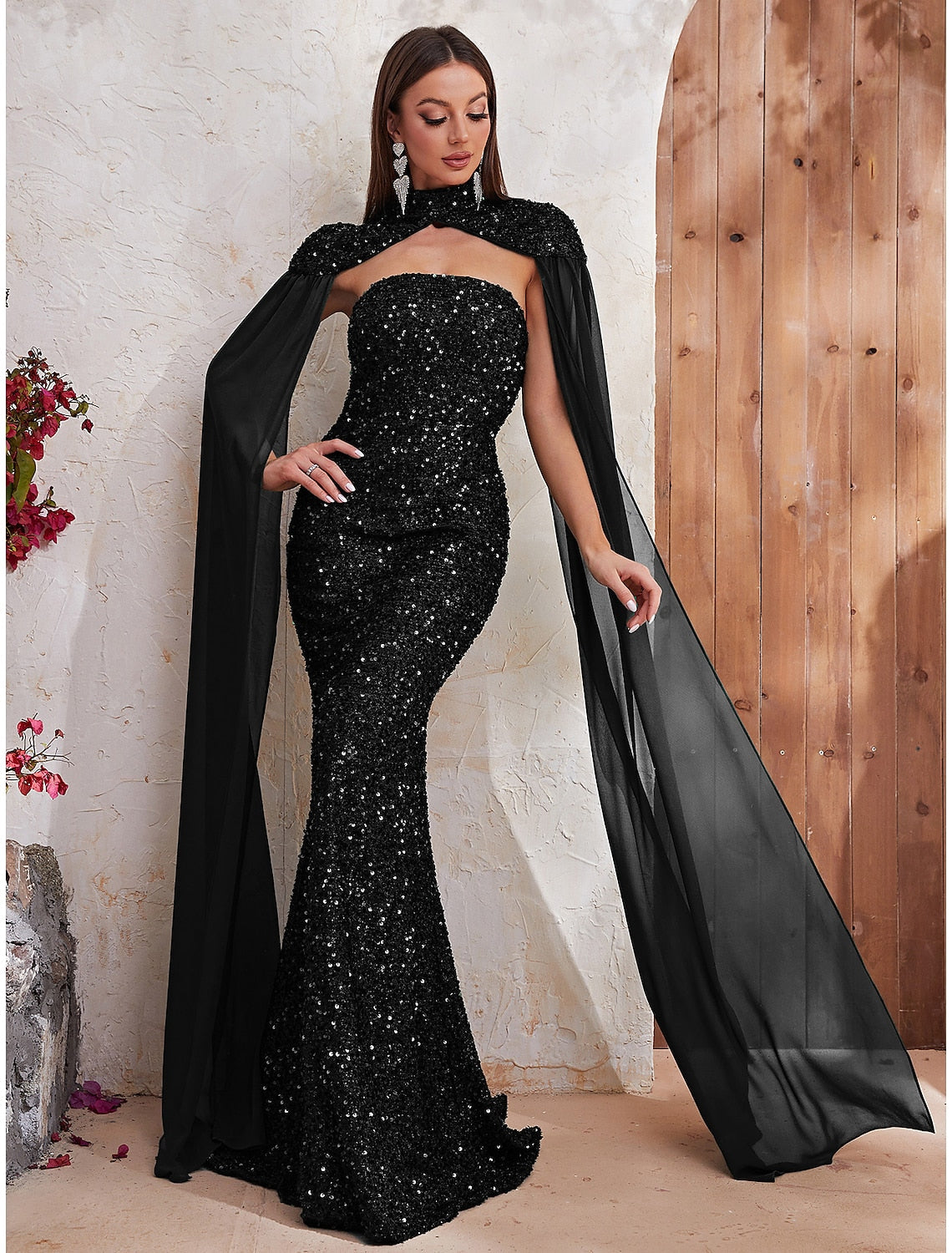 Mermaid / Trumpet Evening Gown Backless Dress Formal Wedding Reception Sweep / Brush Train Sleeveless High Neck Capes Sequined with Sequin by YiHuiw