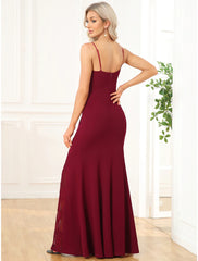 Mermaid / Trumpet Evening Gown Cut Out Dress Wedding Party Floor Length Sleeveless V Neck Polyester with Slit Embroidery
