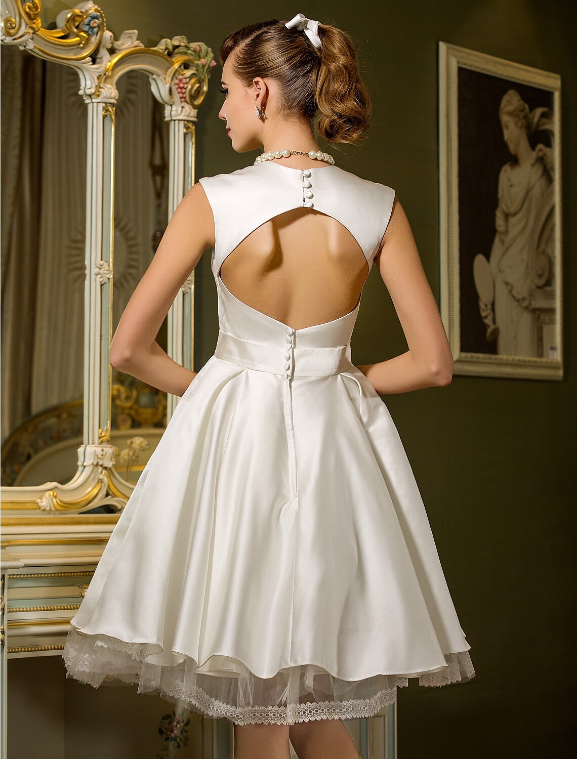 Reception Vintage 1940s / 1950s Little White Dresses Wedding Dresses A-Line Sweetheart Cap Sleeve Knee Length Satin Bridal Gowns With Lace Button Summer Wedding Party Women's Clothing by YiHuiw